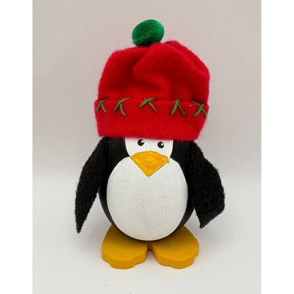 Handcrafted Wooden Penguin Christmas Figurine Festive Red Snow Hat Winter - Picture 7 of 7